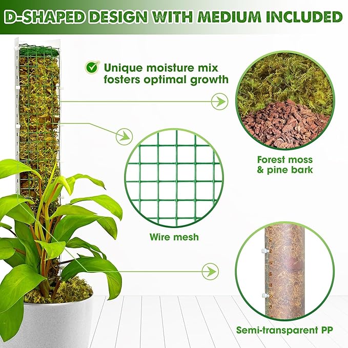 DUSPRO D-Shaped Plastic Moss Poles for Climbing Plants Monstera Stackable Moss Pole for Plants Moss Plant Pole Handmade Moss Stick for Indoor Plants Grow Upward 2 Pack 16.5 inches