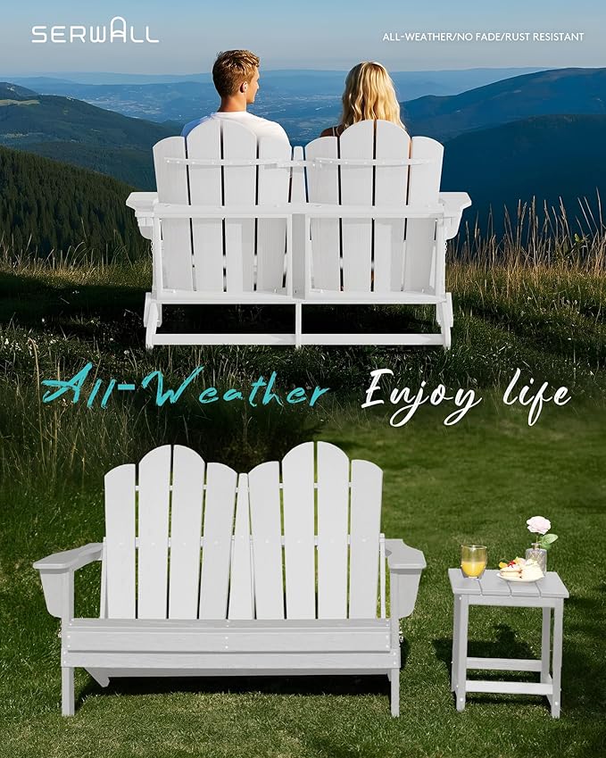 SERWALL Folding Adirondack Bench, HDPE All-Weather Adirondack Loveseat, 660 lbs Capacity, Foldable Outdoor Patio Bench for Deck, Lawn, Garden, White