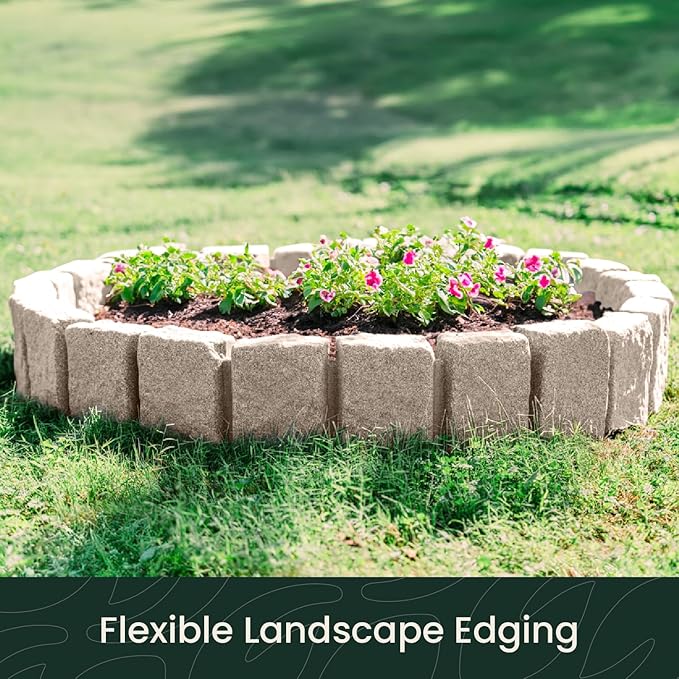 Beuta Landscape Edging | Garden Edging Border | Faux Stone Block XL for Lawn Edging, Flower Beds & Yard Edging – 4 Pack | Each Section Has 6 Blocks 48" L x 4" W x 9.5" H | 12 Spikes | Cobblestone