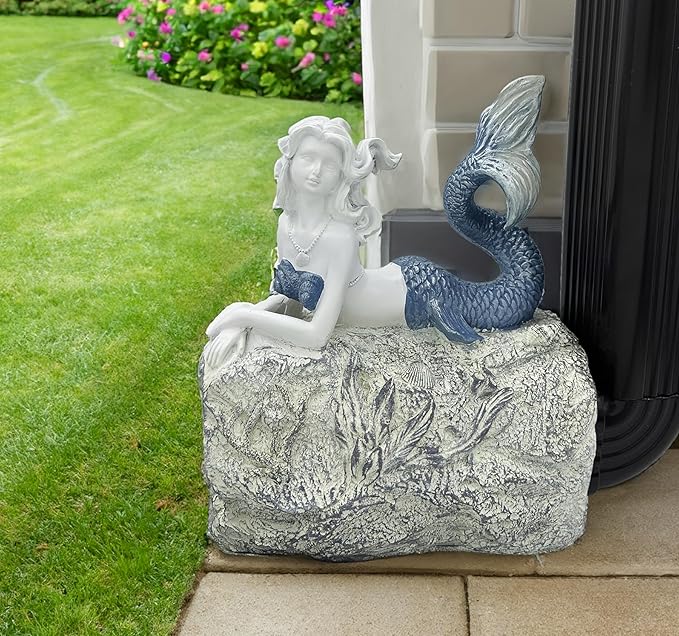 Mermaid Gutter Downspout Splash Block Statue, Garden Outdoor Animal Decor Sculpture, Diverter Rain, Decorative Extension, Waterproof Resin, Fits 3"x4" Rectangular Downspouts, Unique Gift