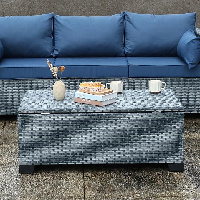 Outdoor Storage Table Wicker Patio Coffee Table All-Weather Rattan Side Table with Waterproof Cover, Grey