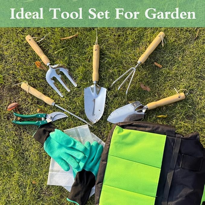 Garden Tool Set of 10 Pieces, Heavy-Duty Stainless Steel Gardening Hand Tools with Repotting Mat and Grow Bags, Gardening Tool Set with Durable Gardening Bag, Ideal Gardening Gifts for Women Men