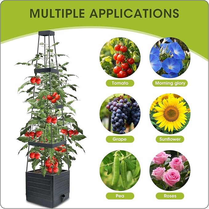MQFORU Raised Garden Bed, 57" Tomato Planter with Trellis, Tomato Cages for Climbing Vegetables Plant, Self Watering Tomato Support Box for Garden Pots, Use for Patios Greenhouse Indoor Outdoor（1Pc）