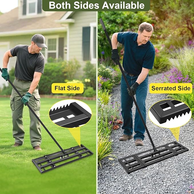 Lawn Leveling Rake-32"x10" Heavy Duty Leveler Reinforced Landscape Tool, Steel Golf Rake with Serrated Edge & Smooth Plate for Level Soil Compost Sand Grass Dirt Yard Garden 6.5FT Adjustable Handle
