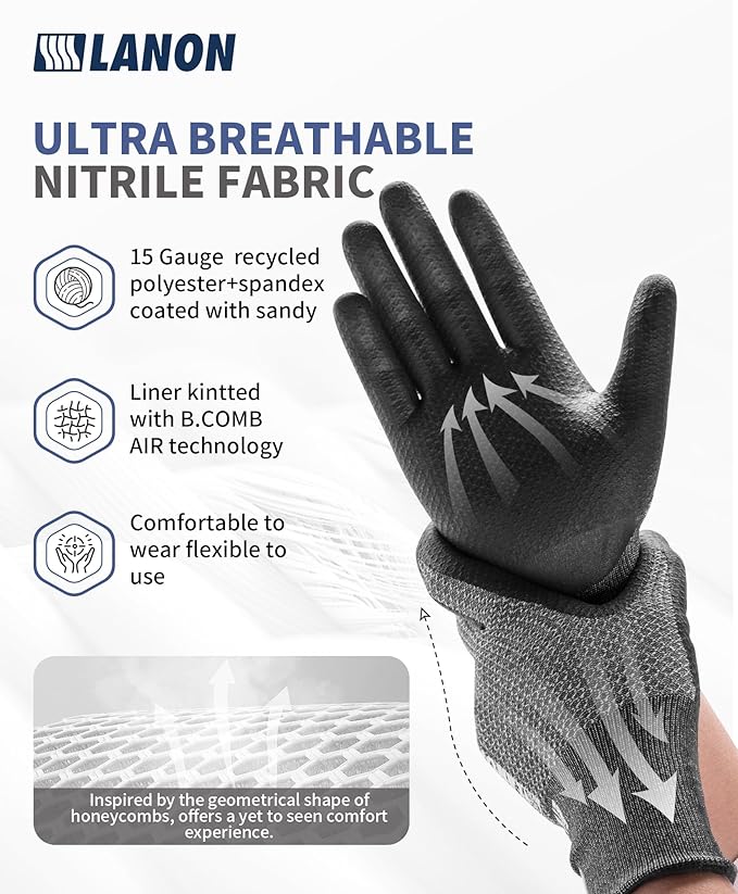 LANON Gardening Gloves for Men Women, 2 Pairs Nitrile Coated Garden Gloves with Grip, Breathable B.COMB AIR Technique, Dusty Olive & Bluebird, Medium
