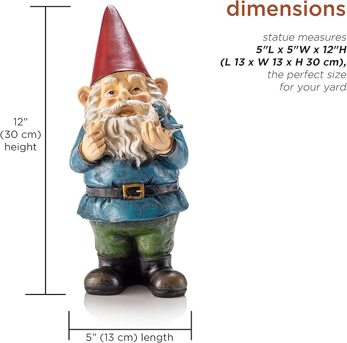 Alpine Corporation 12" Tall Outdoor Garden Gnome with Bird Yard Statue Decoration, Multicolor