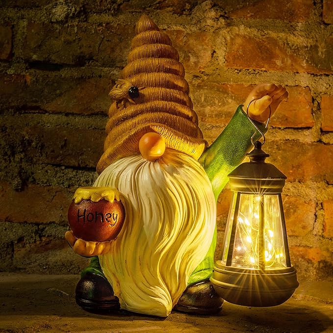 12.3''Solar Garden Gnome Outdoor Decor Honey Bee jar Gnome Statue with LED Lantern Fall Patio Yard Art Decoration Christmas Gardening Birthday Gifts for Women Mom, Honey Bee Gnome