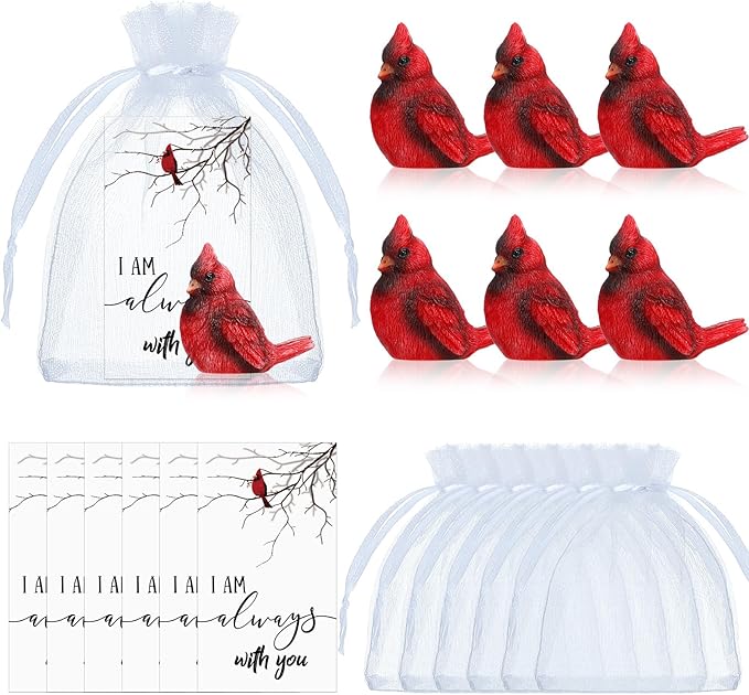 Roowest 18 Pcs Memorial Cardinal Gift Set Include Mini Red Cardinal Bird Statue Figures and Red Feathered Cards and Bags for Sympathy Memorial Gift