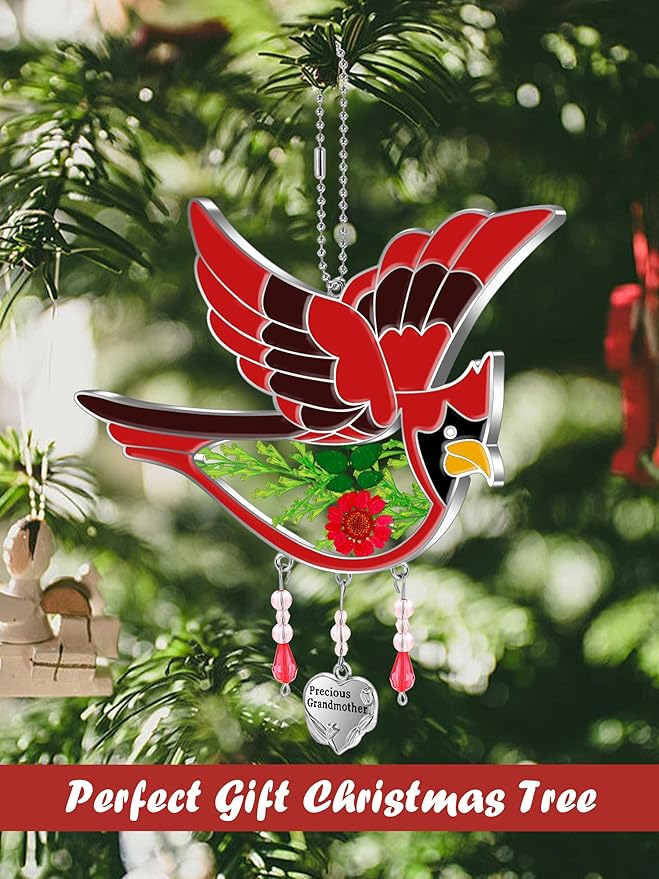 KY&BOSAM Cardinal Suncatcher Precious Grandmother Glass Hanging for Windows Wind Chime Ornament with Pressed Real Flowe and Heart Charm Birthday Gifts for Women Mother's Day Christmas