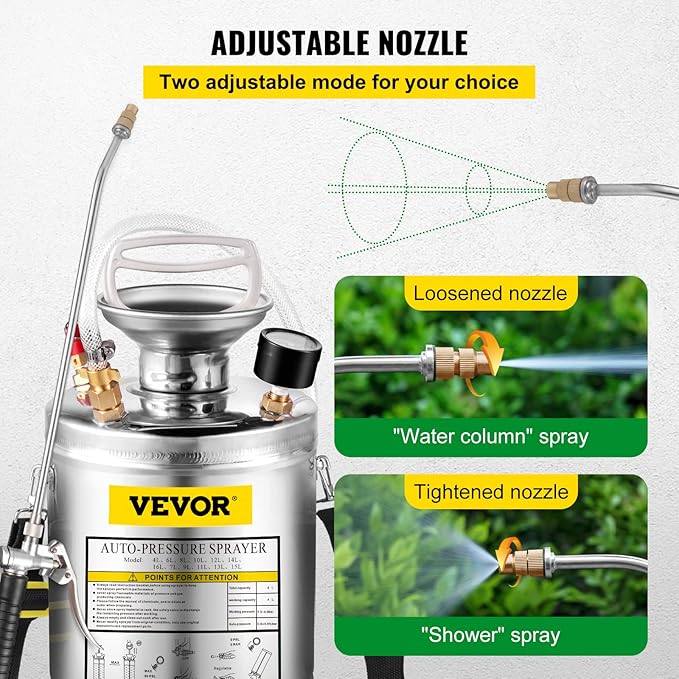 Happybuy 1 Gallon Stainless Steel Pump Sprayer, 12" Wand & 3FT Reinforced Hose, Pressure Gauge, Safety Valve & Adjustable Nozzle, Garden Weed Sprayer for Lawn, Gardening, Sanitizing