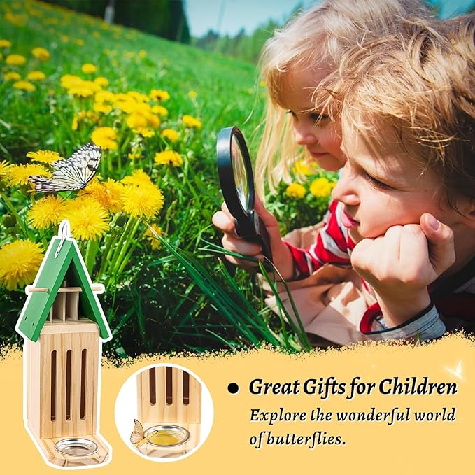 Butterfly House and Feeder for Outside, Wooden Butterfly House for Garden, Natural Butterfly Habitat with Butterfly Puddler on The Floor or Hanging on Tree Wall
