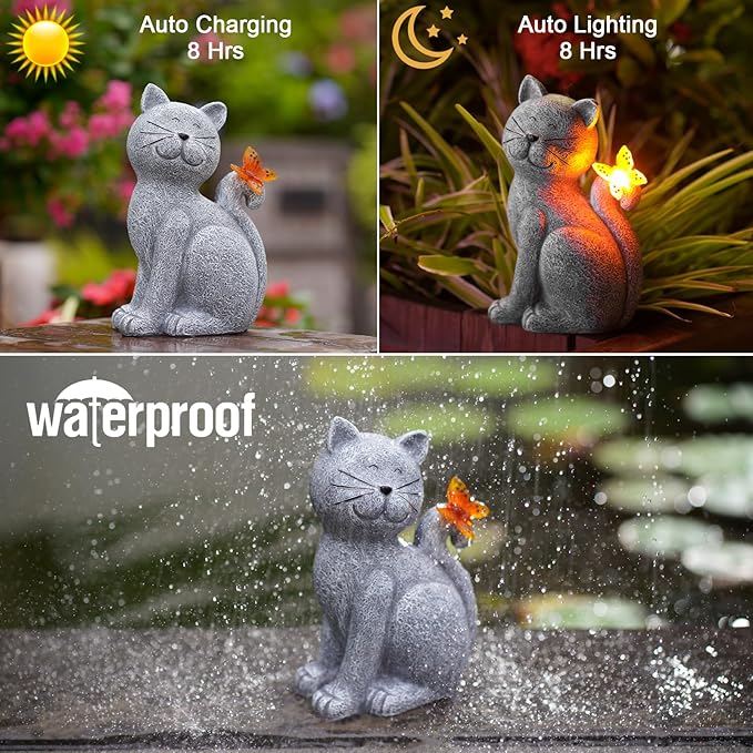 Nacome Solar Cat Outdoor Statues for Garden: Outside Decor with Butterfly Clearance for Yard Art Lawn Ornaments Porch Patio Balcony Home House - Birthday Gifts for Grandma Mom Women