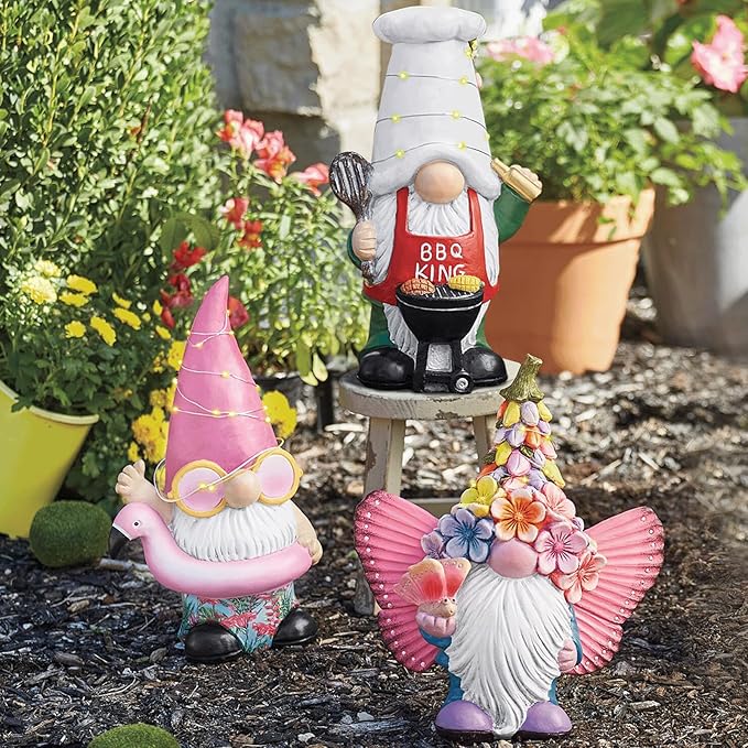 BAYN Garden Gnome Statues Outdoor Decor, Solar Powered Outdoor Gnome with BBQ Grill Decorative Yard Garden Lights Art Gifts with 11 Warm White LEDs