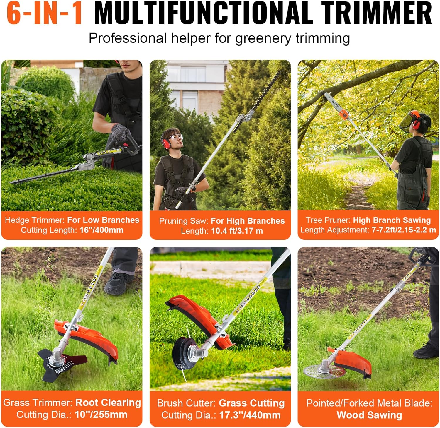 VEVOR 43cc 6-in-1 Multi-Functional Trimming Tool, Hedge Trimmer, Weed Eater, String Trimmer, Brush Cutter, Edger, Pole Saw Chainsaw Pruner with Extension Pole, w/EPA, CE and EMC Certification