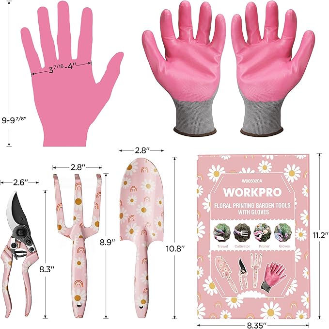 WORKPRO Aluminum Garden Tool Set, 4PCS Heavy Duty Hand Garden Tools with Box Include Trowel, Rake, Pruner, Garden Gloves, Pink, Garden Gifts