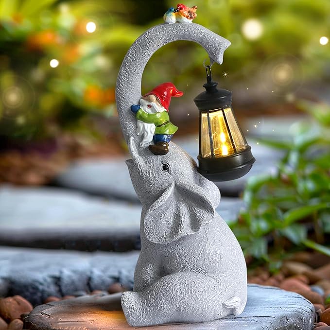 Elephant Statues Garden Decor - Lucky Elephant Outdoor Statues with Solar Powered Lantern, Elephant Statue Gifts for Women,Resin Yard Art for Outdoor & Home Decor(11" Elephant)