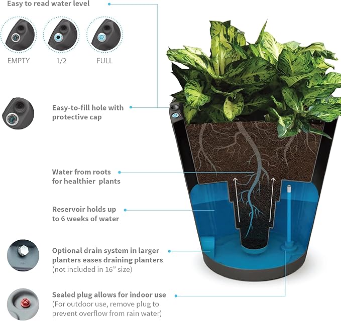 Crescent Garden Dot TruDrop Indoor/Outdoor Planter, Self-Watering Plant Pot, 26 Inches, (Caviar Black)