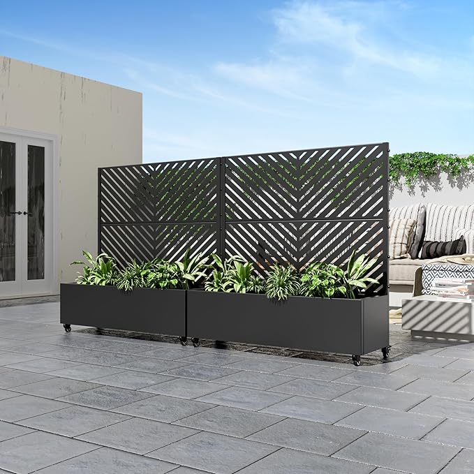 Casaphoria Metal Raised Garden Bed with Trellis and Wheels, 47"x47"x16" Planter Box for Climbing Plants, Vegetables & Vines, Features Drainage Holes and Privacy Screen (Black-Parallel)