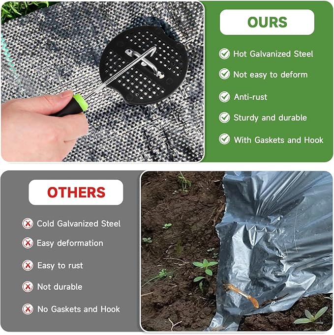 Landscape Staples Set,6 Inch 11 Gauge 100pcs Galvanized Garden Stakes + 100pcs Gaskets + 1Pick Hook,U-Shaped Tent Stakes Landscaping Fabric SOD Pins for Weed Fabric Barrier,Groud Cover,Fence