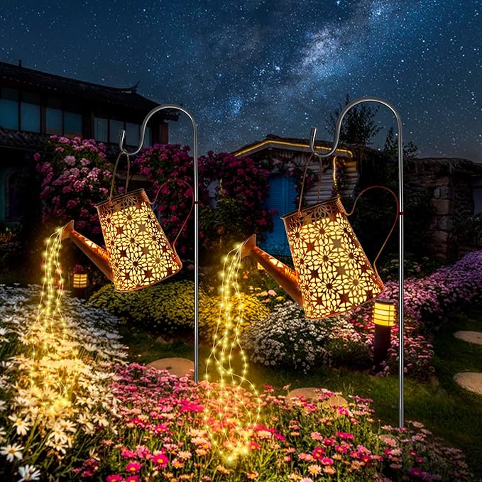 Forlivese 2PCS Solar Watering Can with Lights, Solar Lights Outdoor Decorations with Hanging Solar Garden Lights with Bracket Waterproof Watering Can Landscape Light for Patio Gardening Pathway 90LED