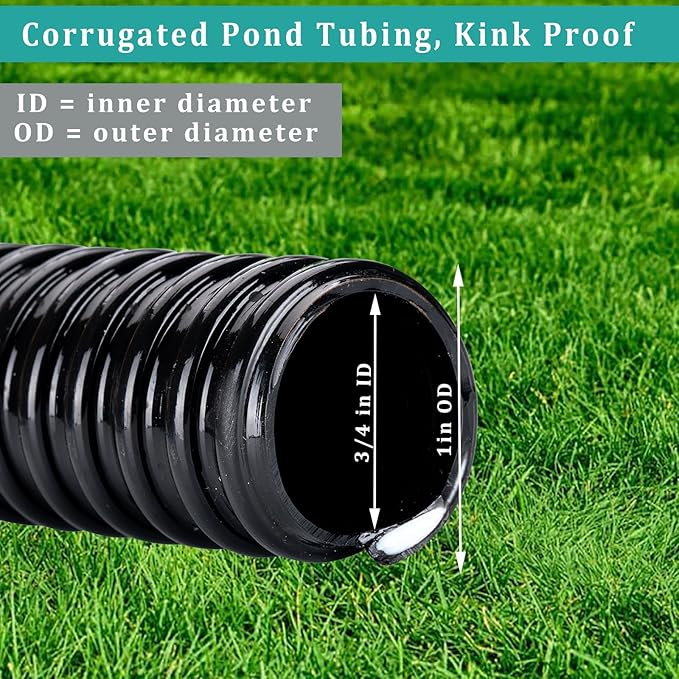 Black Vinyl Tubing ID 3/4” × 10ft Pond hose Corrugated Flexible Reinforced PVC Hose for Pond Pump Fountain Garden Waterfall, Non-toxic & Kinkproof, with 2 clamps