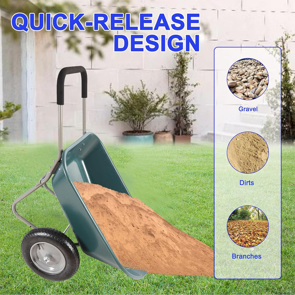 Dual Wheel Wheelbarrow, Heavy Duty Garden Cart, 300 lbs Capacity Utility Cart with Two 15 inches Pneumatic Tires for Outdoor Lawn Yard Farm Ranch (Green)