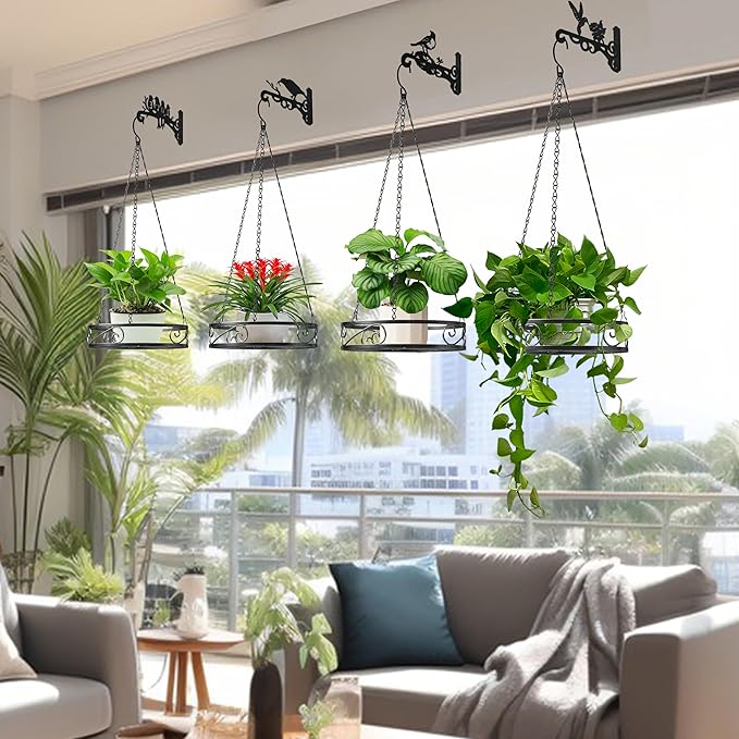 4-Pack 10 Inch Aesthetic Plant Hanger Indoor and Outdoor – Metal Hanging Plant Bracket with Hummingbird Pattern – Heavy Duty Plant Hooks for Hanging Flower Baskets, Bird Feeder, Wind Chime, Lantern