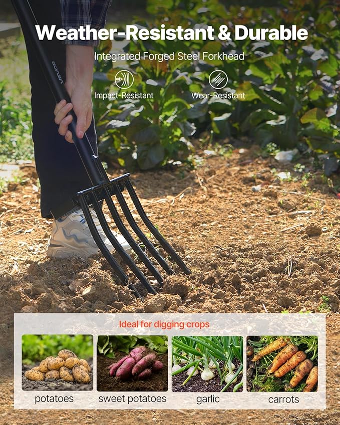 VEVOR Garden Fork, 5-Tine Gardening Pitchfork with Metal Handle, 41 in Heavy Duty Digging Fork with Y Grip, Forged Steel Spading Fork for Hay Potato Composting Transplanting Aeration