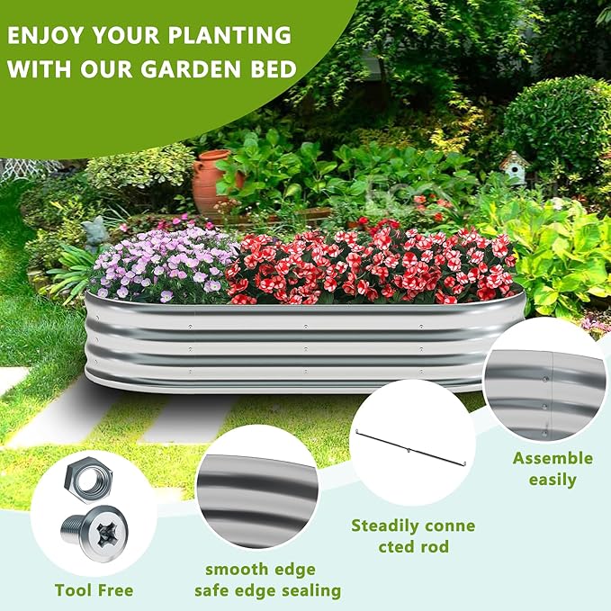 zizin 2 Pack Galvanized Raised Garden Bed Metal Oval Raised Garden Beds Outdoor Planter Box for Vegetables (12x2x1FT, Silver)