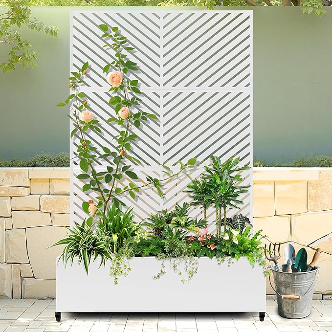 Raised Garden Bed with Trellis and Wheels,73"x47"x16" Metal Raised Garden Bed,White Parallel Metal Planter with Climbing Trellis for Vines & Vegetables
