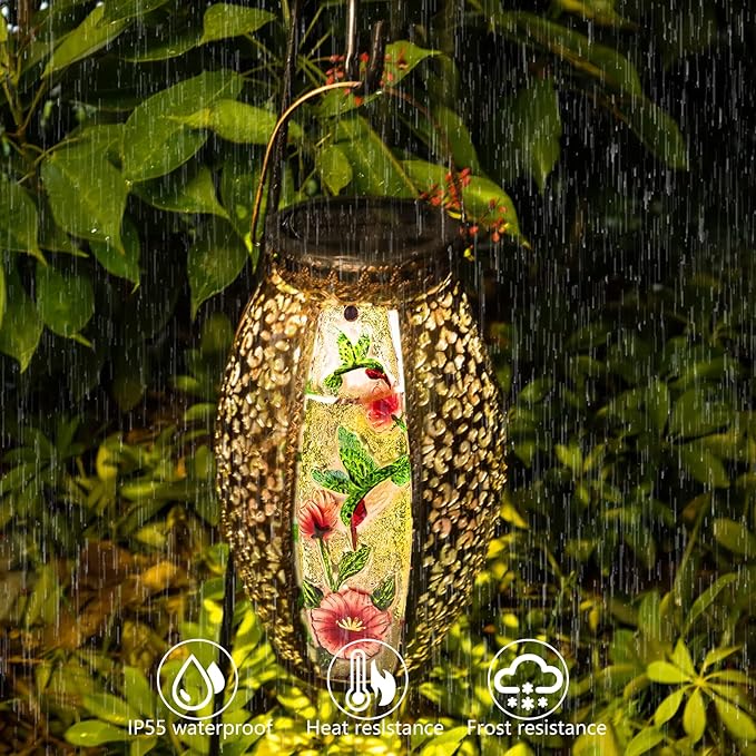 Outdoor Solar Lantern-Waterproof Hummingbird Hanging Metal Decorative Lights for Patio Table Garden Pathway Yard with Super Bright Warm White LED, Large Solar Panels, Auto On/Off