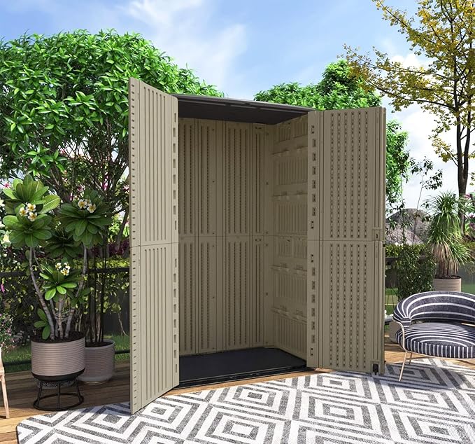 HOMSPARK Storage Shed Weather Resistance, Multi-Purpose Outdoor Storage Cabinet for Backyards and Patios, Horizontal Storage Shed for Lawnmower, Patio Accessories (Coffee, Tall - 53 cu.ft)