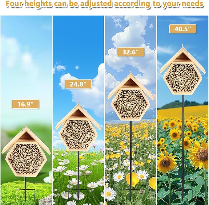 Mason Bee House for Garden, Natural Wooden Bee Habitat with Metal Ground Stake, Attracts Pollinators, Improve Garden Productivity, Outdoor Decoration