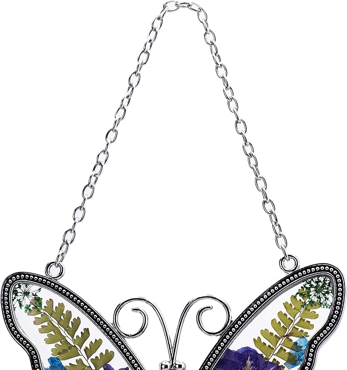Laraine Butterfly Suncatcher with Pressed Flower Wings Mom Mother's Day Butterfly Glass Wind Chime Ornament Charm with Metal Heart Gifts for Mom Grandma Aunt Birthday (Purple Aunt (with Free Hook))