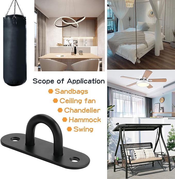 SAYAYO 6 PCS Pad Eye Plate Hooks U Ceiling Hook for Hanging Plants Outdoor Lights Swing Suspension Marine Hardware Staple Hook Loop with Screws Stainless Steel Wall Mount (Black)