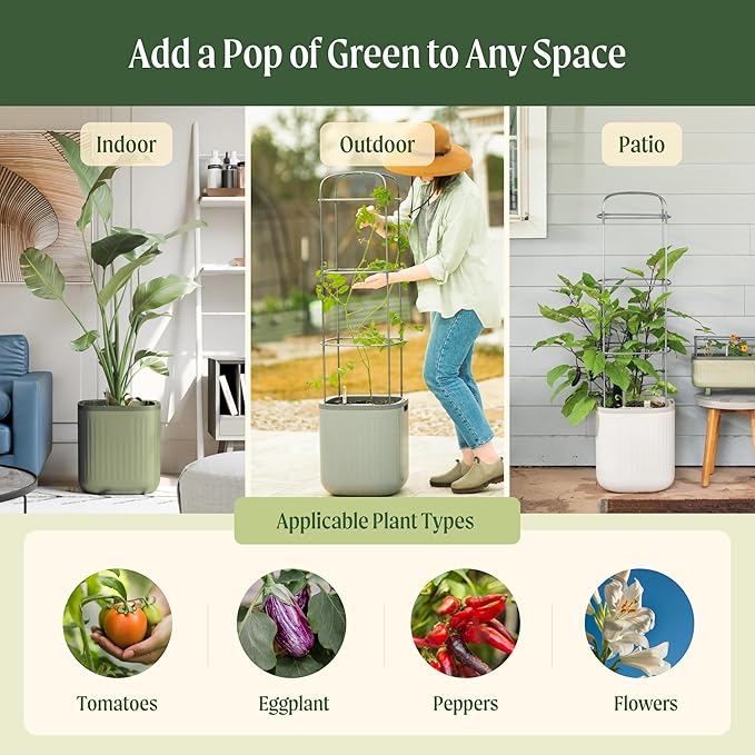 Vego garden Planters for Outdoor & Indoor Plants, Large Plant Pots with Self Watering, 15" Tall Large Plant Pots with Trellis for Flowers Plants Decor, Cream White