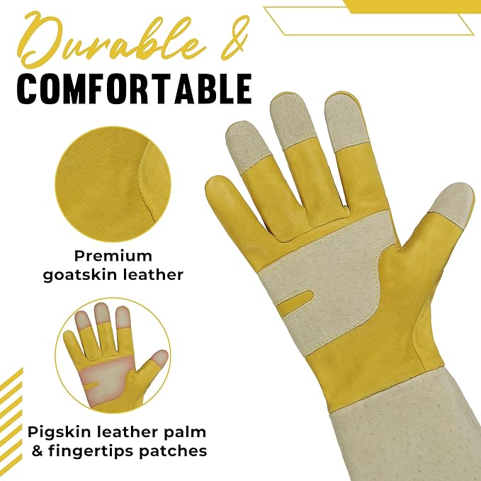HANDLANDY Rose Pruning Gardening Gloves for Men Women, Thorn Proof Forearm Protection Leather Garden Gloves, Gardening Gifts for Gardeners (Yellow- Goatskin, X-Large (Pack of 1))