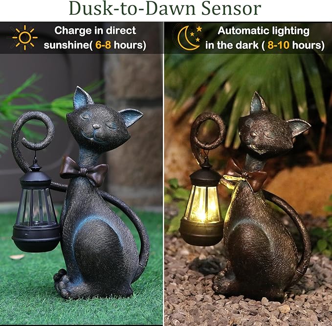Whimsical Solar Cat Statue Decor with Solar Lantern - Unique Outdoor Spring Garden Decor for Patio, Balcony and Yard Art Lights - Ideal Mothers Day Birthday Gifts for Mom,Grandma,Women and Cat Lovers