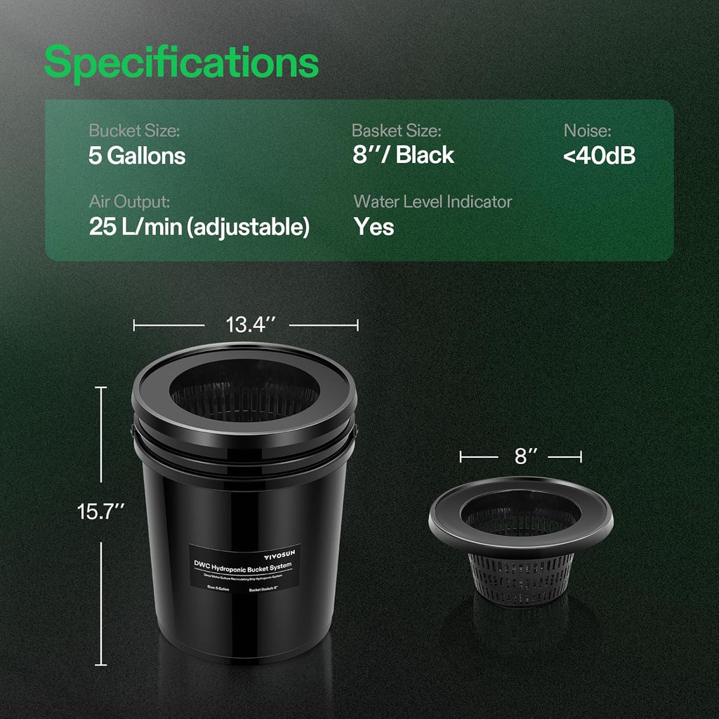 VIVOSUN DWC Hydroponics Grow System with Top Drip Kit, 5-Gallon Deep Water Culture, Recirculating Drip Garden System with Multi-Purpose Air Hose, Air Pump, and Air Stone (1 Bucket + Top Drip Kit)