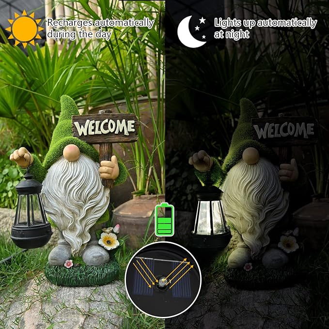ASAWASA Gnomes Decorations for Yard with Solar LED Light, 10.8" Large Outdoor Funny Garden Lawn Gnome Decor with Welcome Sign