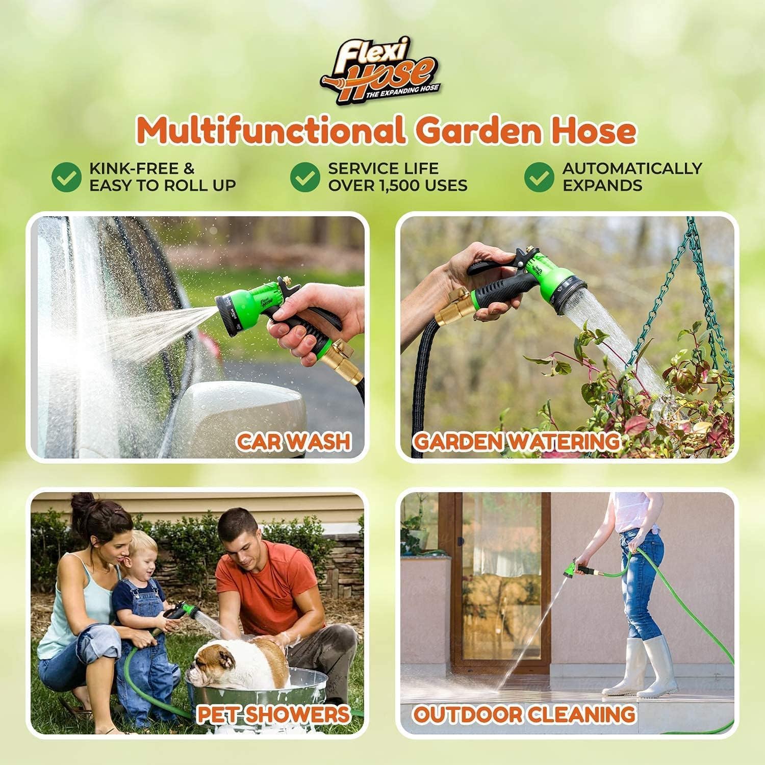 Flexi Hose PLUS with 8 Function Nozzle Expandable Garden Hose, Lightweight & No-Kink Flexible Garden Hose, 3/4 inch Solid Brass Fittings and Double Latex Core, 150 ft Black