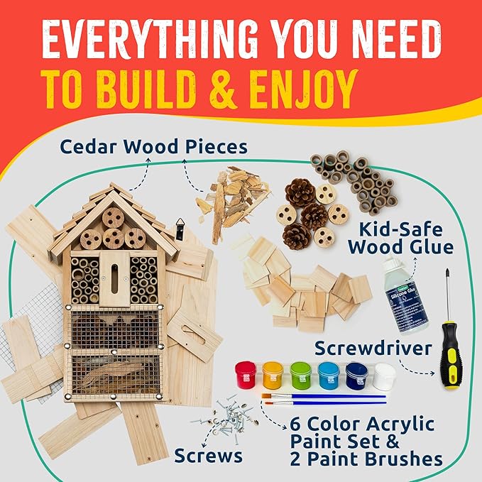 Premium Bug Hotel Kit, DIY Cedar Wood Craft for Building Bee, Ladybug, or Butterfly Houses, Educational Kit for Kids, Parents and Teachers