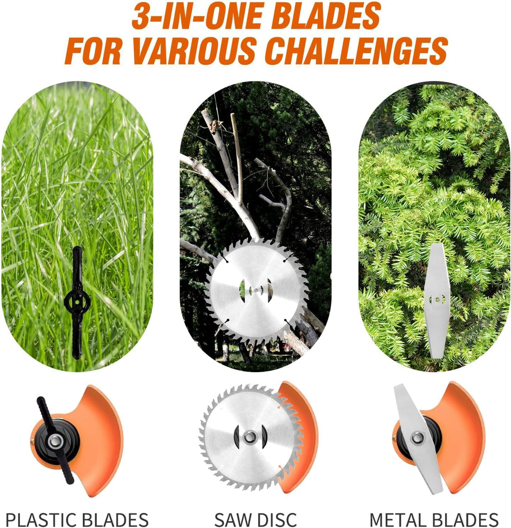 ALSO GO 21V Electric Weed Eater with Wheels,Cordless Battery Weed Wacker with Charger, 3 in 1 Brush Cutter/String Trimmer/Grass Trimmer/Lawn Mower,Edger for Garden and Yard Lawn,2 Batteries Include