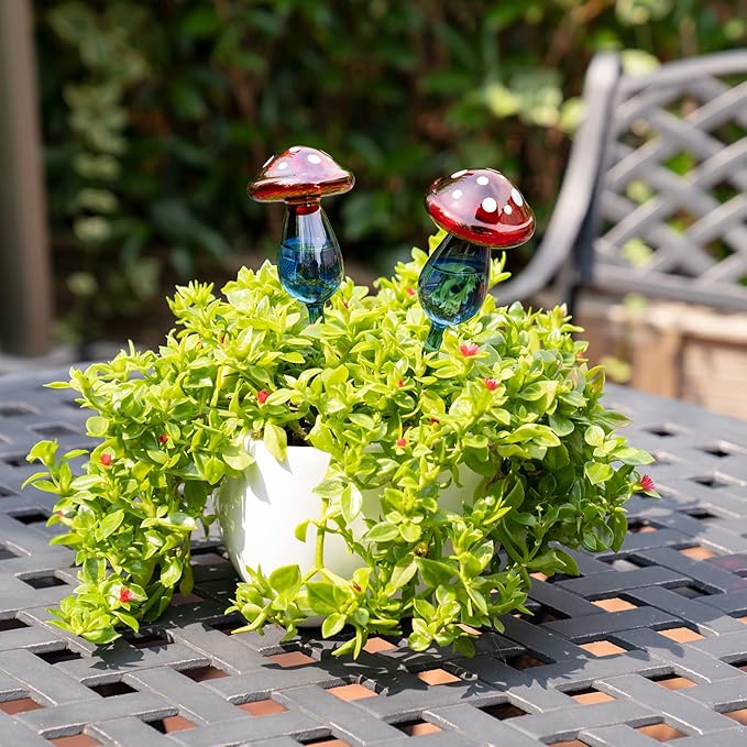 NiHome Mushroom Spike Self-Watering Bulb 2-Pack 10" Long Gradient Red Blue Hand-Blown Glass Globe Pot Plant Waterer for Home Indoor Outdoor Garden Patio Hanging Flower Automatic Irrigation System