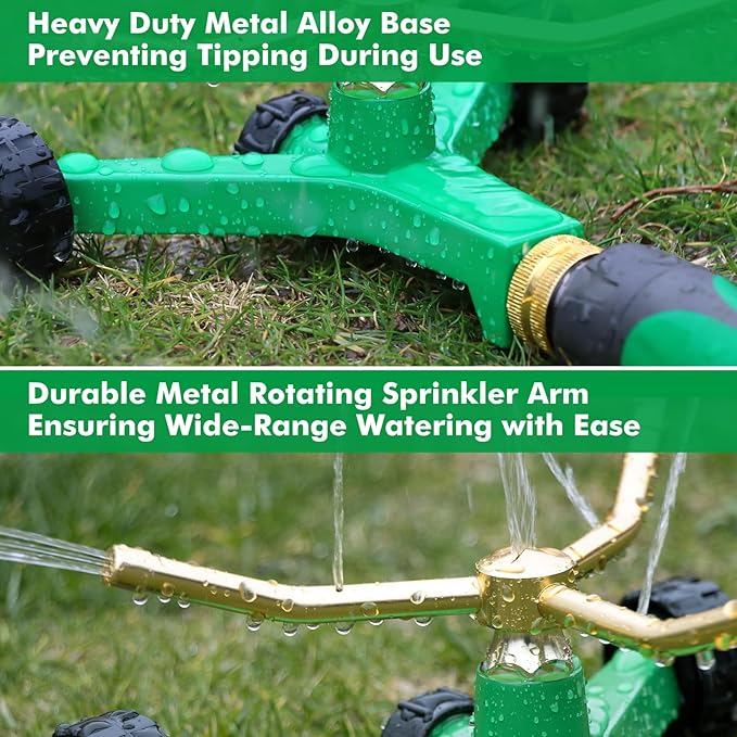 [2 Pack] RESTMO 3-Arm Metal Sprinkler with Wheel Base, 360 Degree Automatic Rotary Lawn Sprinkler System for Garden Plant, Flower Bed and Yard Watering and Large Yard Area Watering