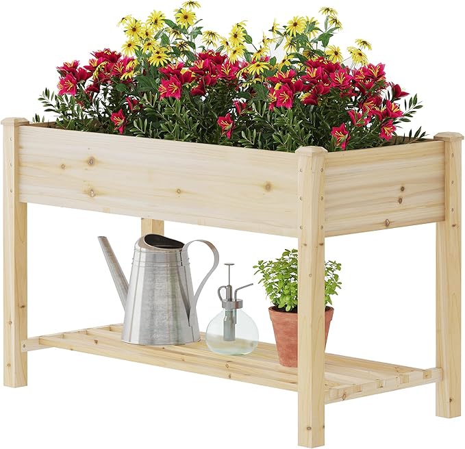 GHWIE Raised Garden Bed with Shelf,Elevated Wooden Planter Box with Legs,Garden Planter for Backyard, Patio, Balcony,200lb Capacity - Natural