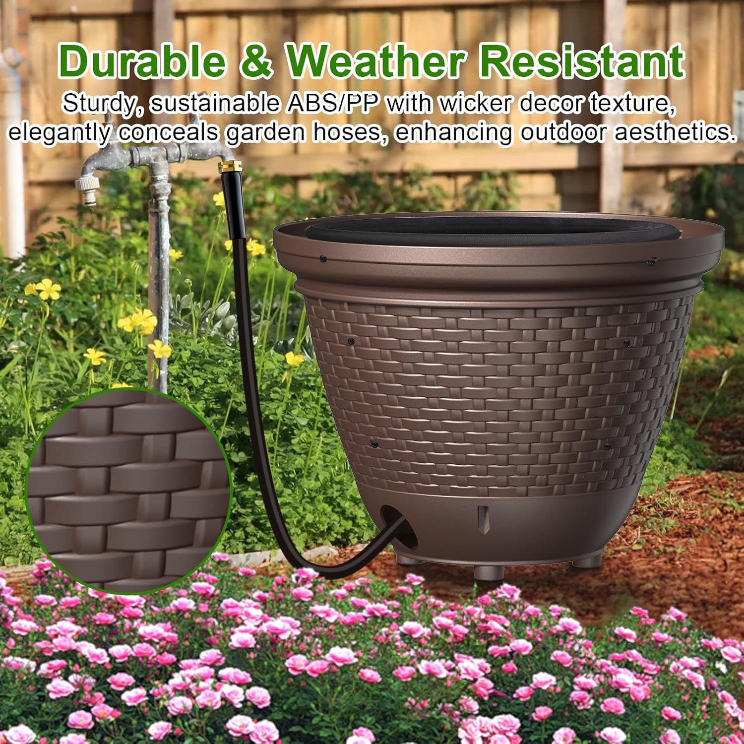 Riokko Garden Hose Holder Pot, Decorative Wicker Hose Holder, Water Hose Storage for Outside/Garage, Hose Box Fits 100-400 FT Hoses with 5 Drain Holes, Large Capacity & Assembly Required, Java