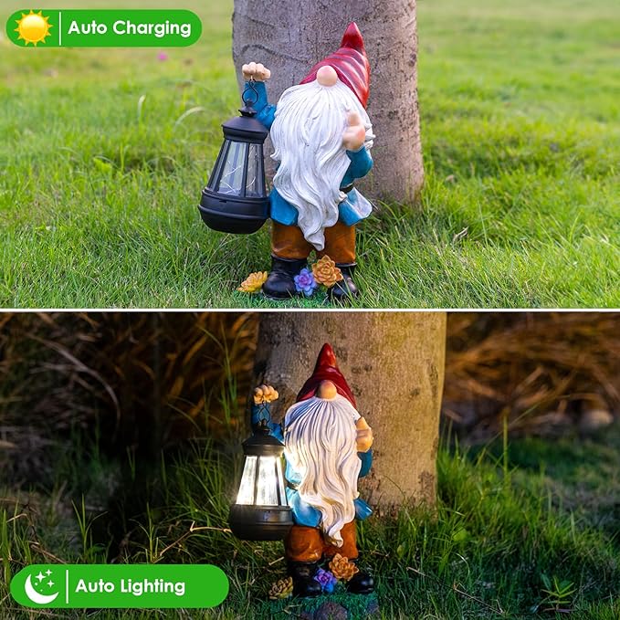 Solar Garden Statue Lights Gnome Figurine with Solar Lantern, Outdoor Garden Succulent Ornaments Waterproof Christmas Decoration for Outside Patio Yard Lawn Decor