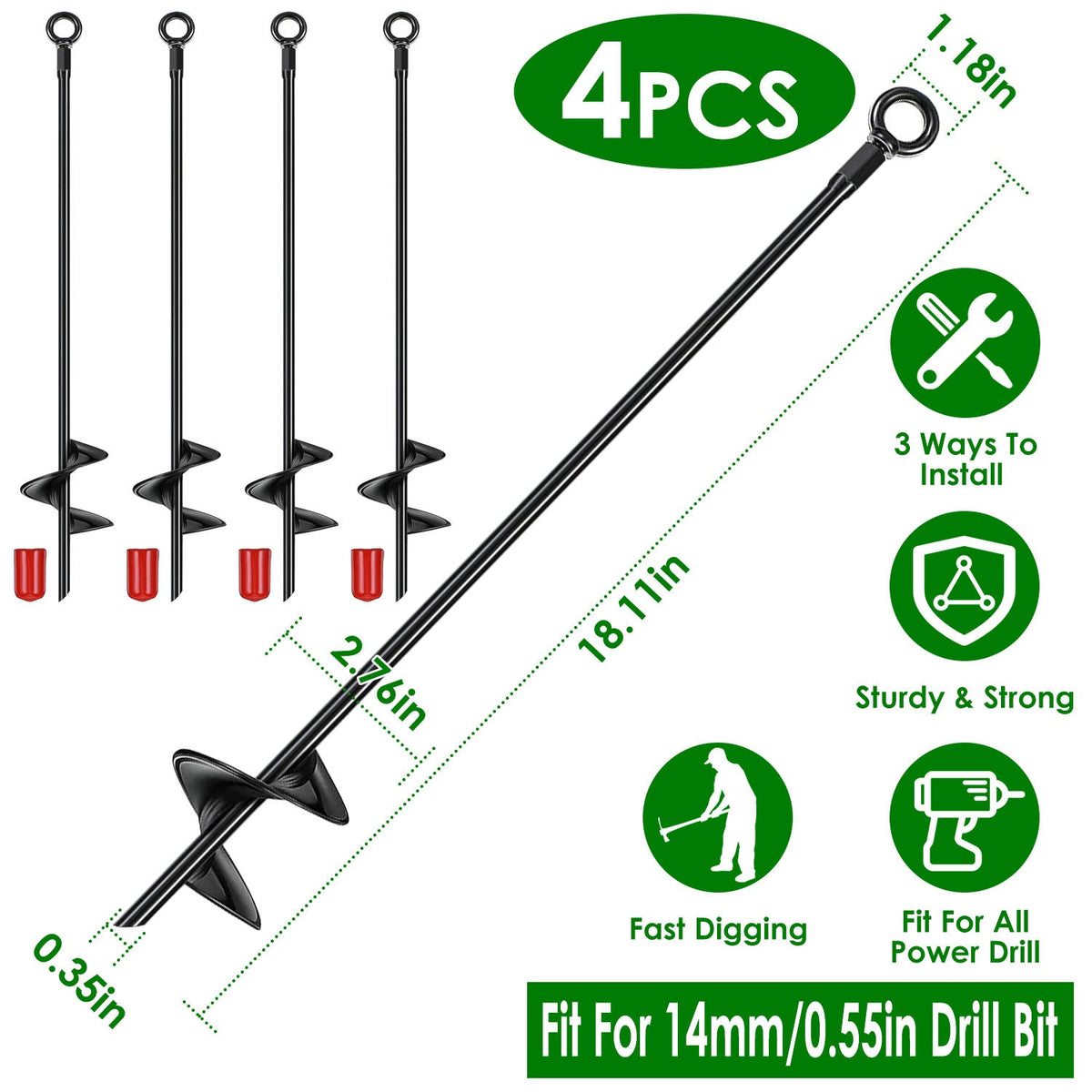 4 Pack Heavy Duty Ground Auger Stakes 2.76in Wide Spiral Drill Bits Soil Hole Digging Drill Shaft Farm Vegetable Flower Planting Earth Planter Digger