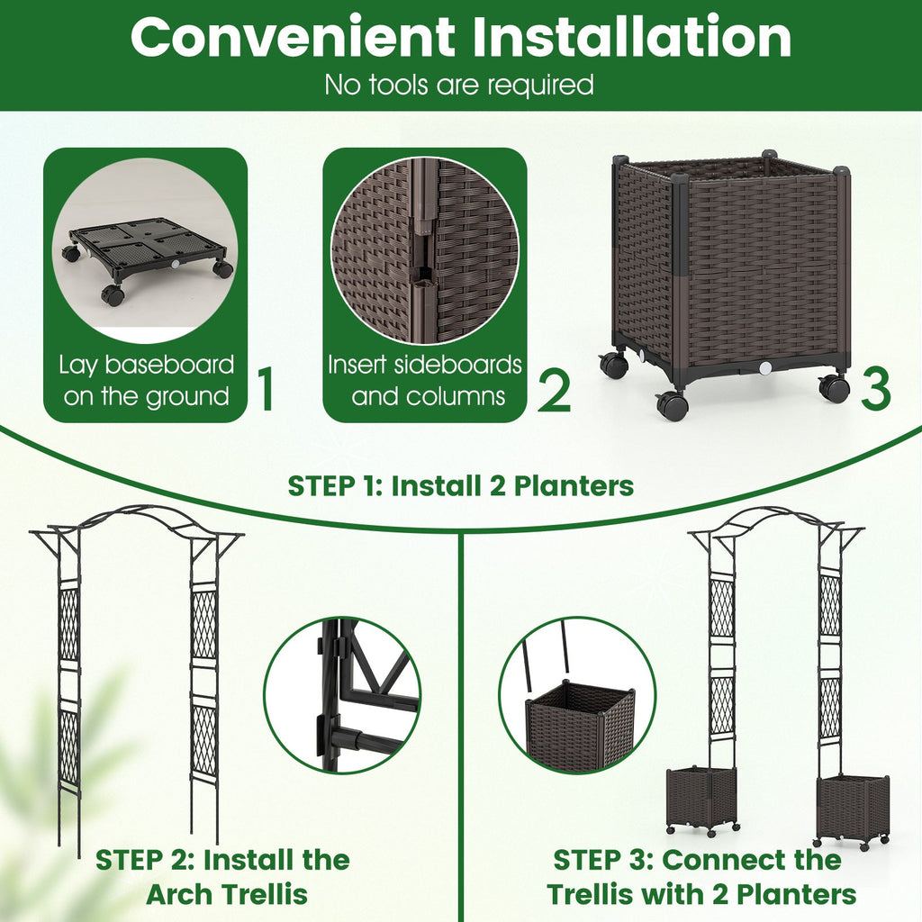 82 x 99 Inch Garden Arch Trellis with 2 Self-Watering Planter Boxes Wheels-Black